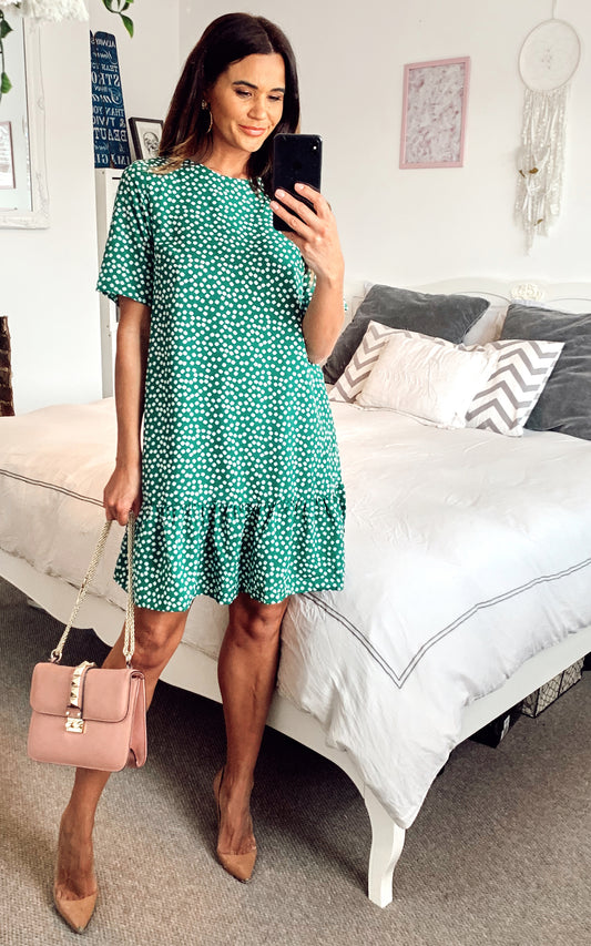 Green Floral Frill Hem T-Shirt Dress
