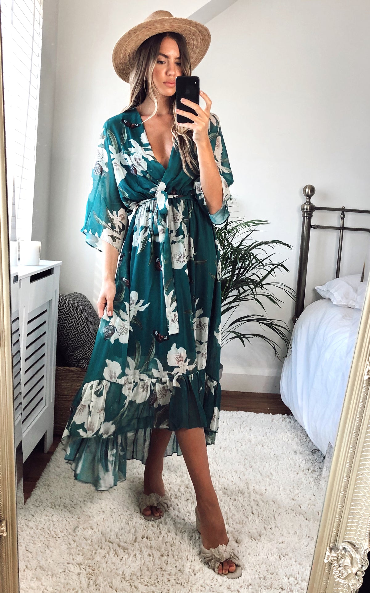 Kimono Wrap Floral Dress Dark Green