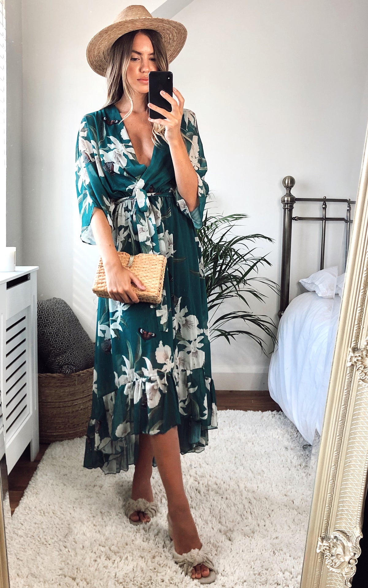 Kimono Wrap Floral Dress Dark Green
