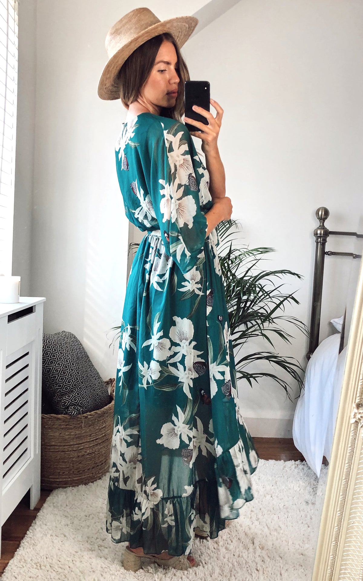Kimono Wrap Floral Dress Dark Green