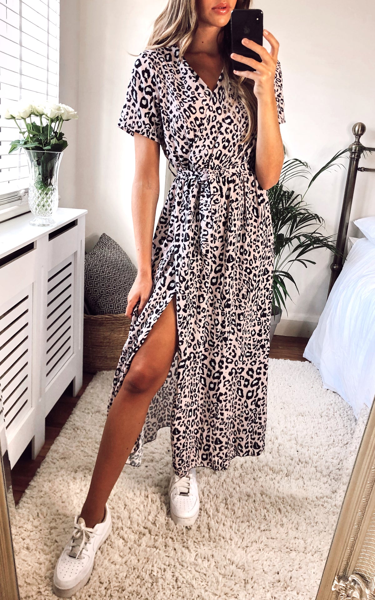 Animal Printed Short sleeve Midi Wrap Dress In Blush