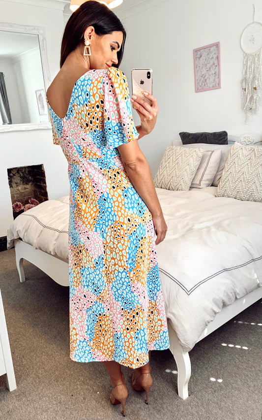 V-neck maxi dress with frill detail in multicoloured leopard print
