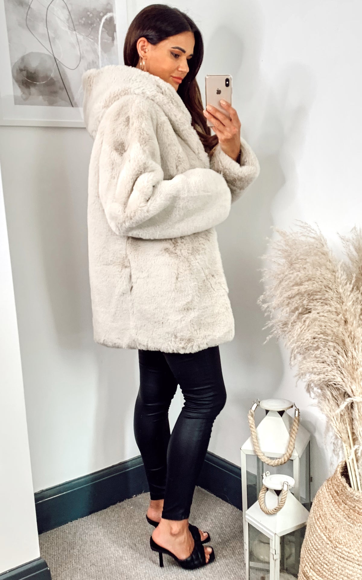 Stone Hooded Faux Fur Oversized Jacket