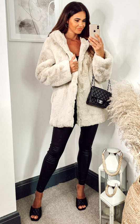 Stone Hooded Faux Fur Oversized Jacket