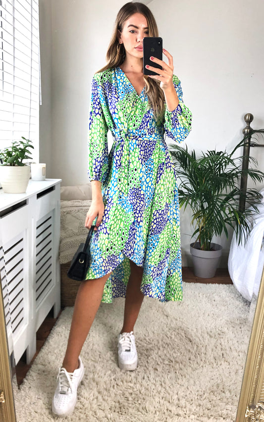 Plunge Neck Leopard Print Wrap Midi Dress in Green/Blue and Green