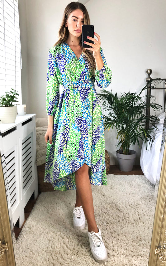Plunge Neck Leopard Print Wrap Midi Dress in Green/Blue and Green