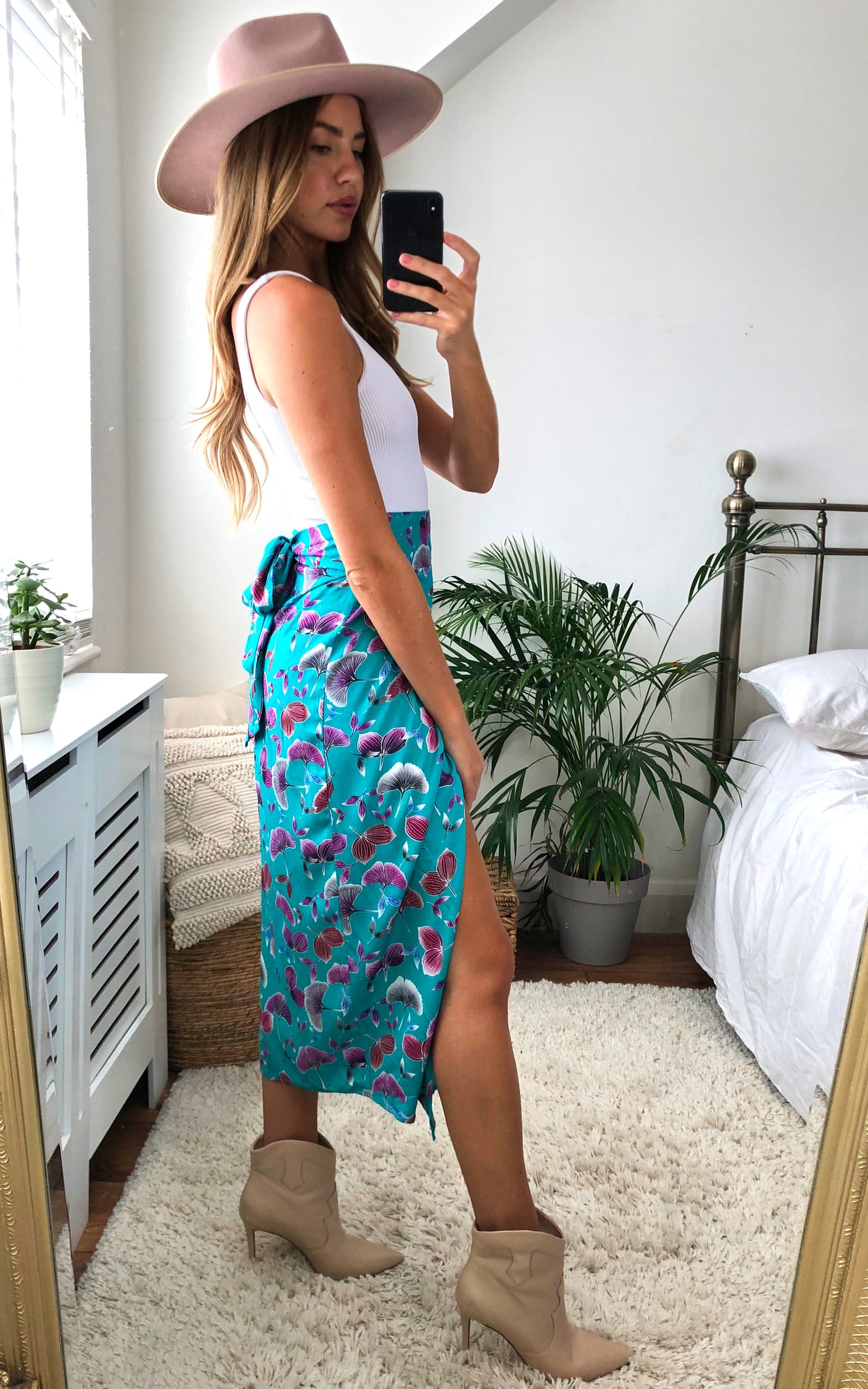 Floral print midi wrap skirt in turquoise