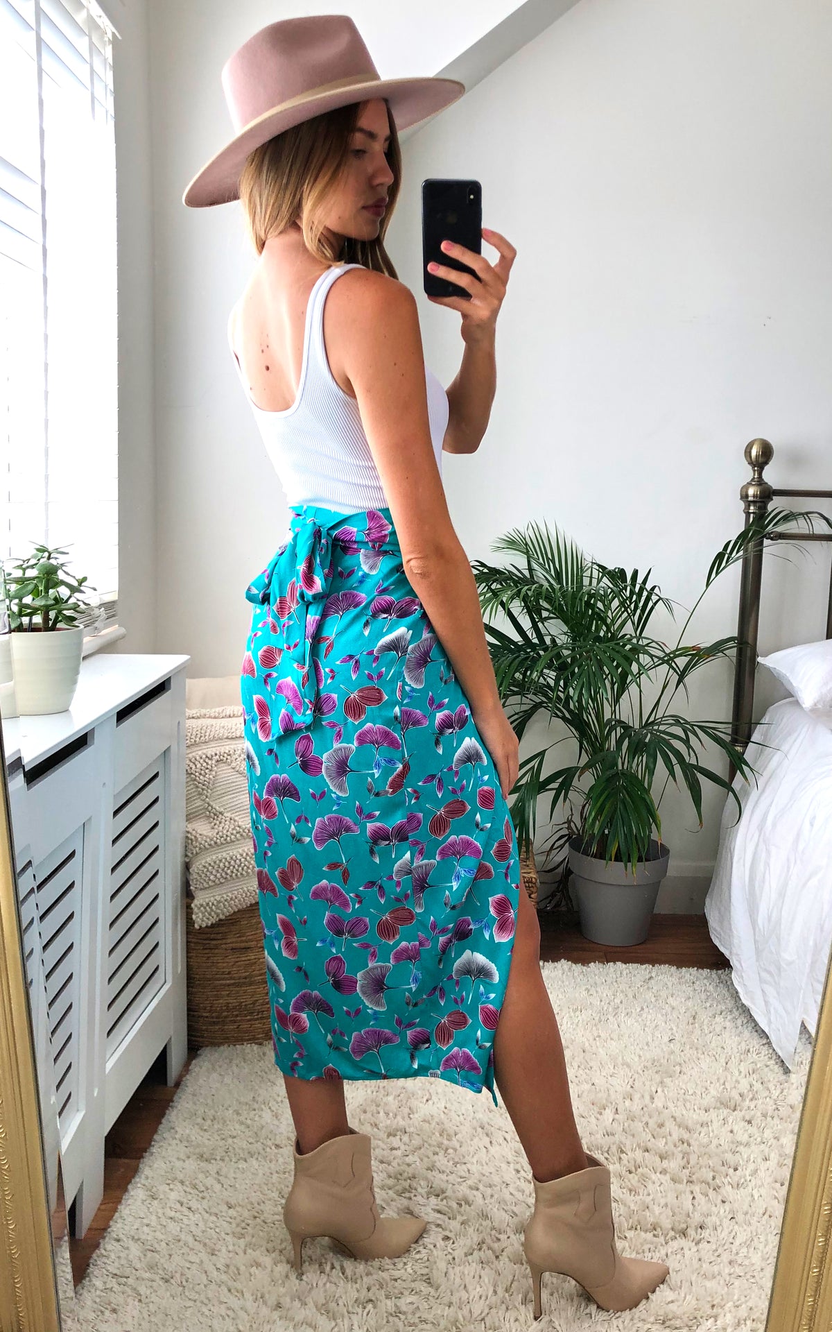 Floral print midi wrap skirt in turquoise
