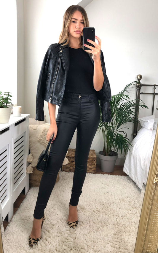 Coated Skinny Trousers in Black
