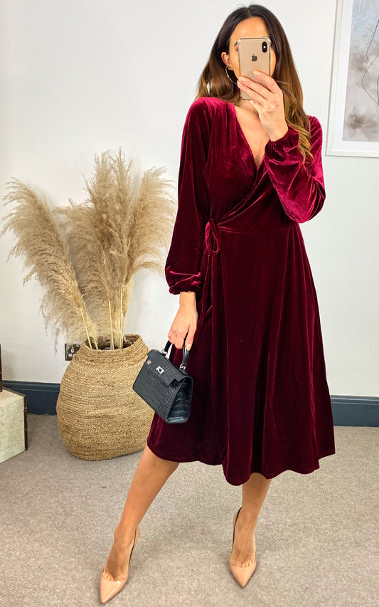 Klara Burgundy Velvet Long Sleeved Wrap Dress