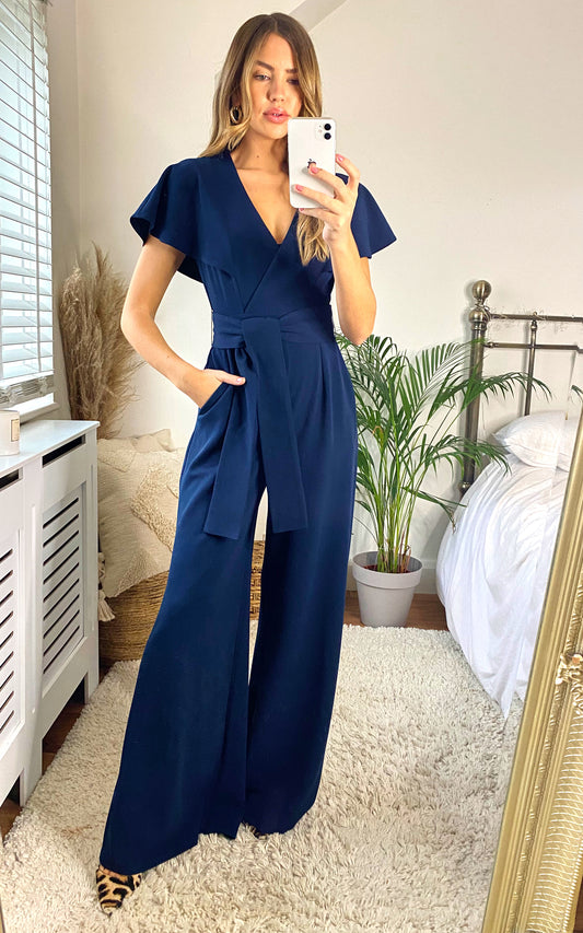 Chloe Cape Sleeve Wide Leg Jumpsuit with Tie