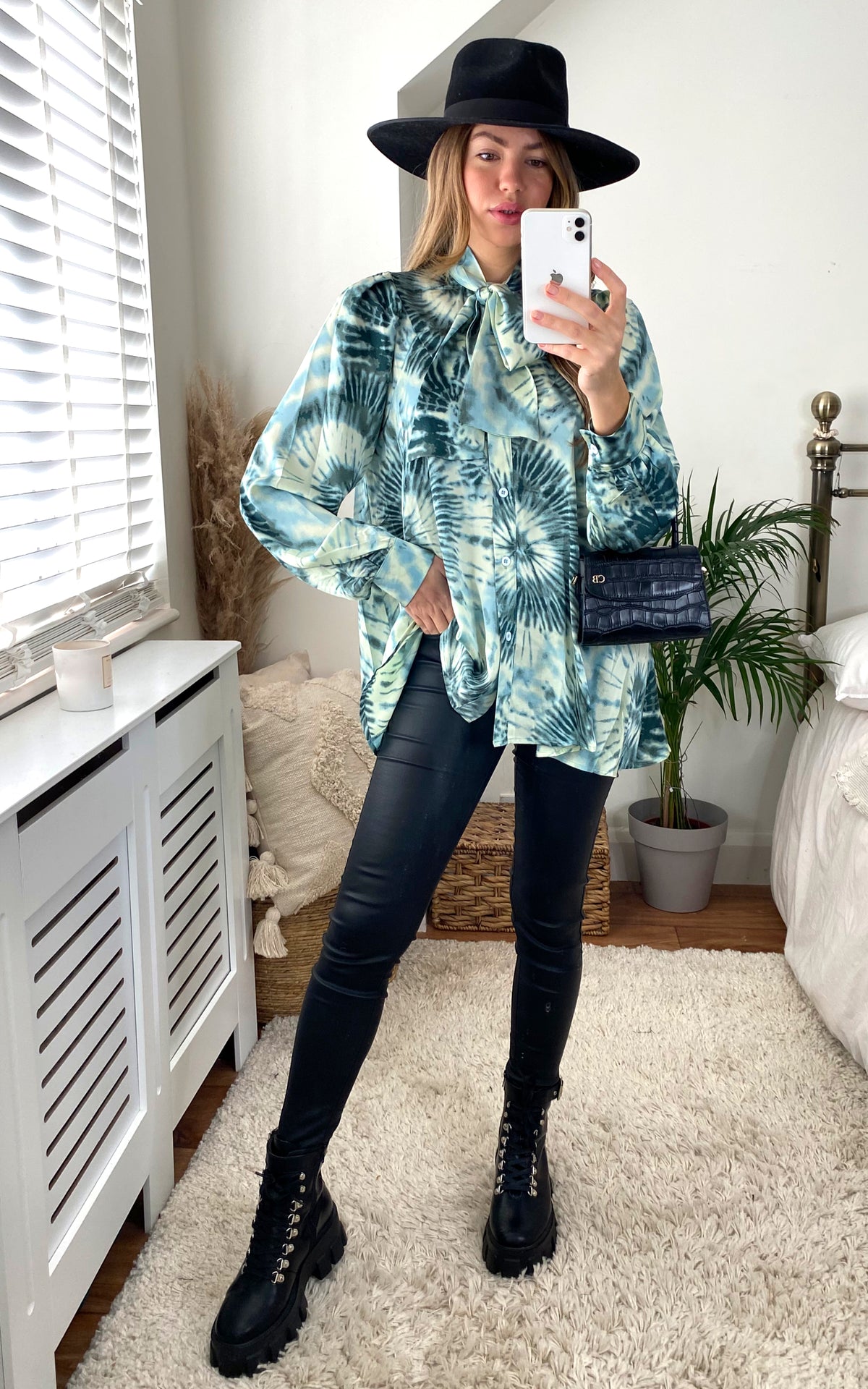 Tie Dye High Bow Neck Oversized Shirt in Green
