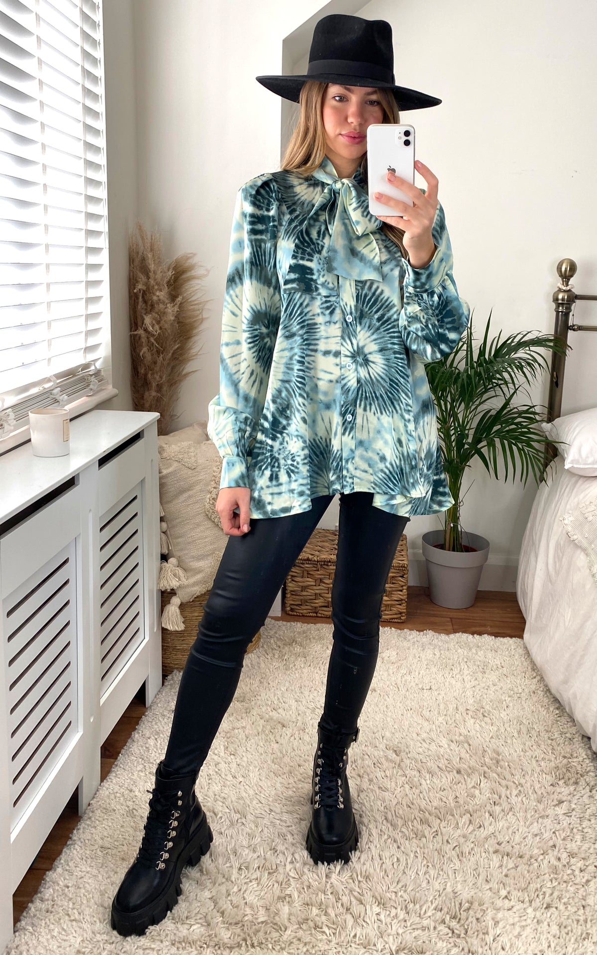 Tie Dye High Bow Neck Oversized Shirt in Green