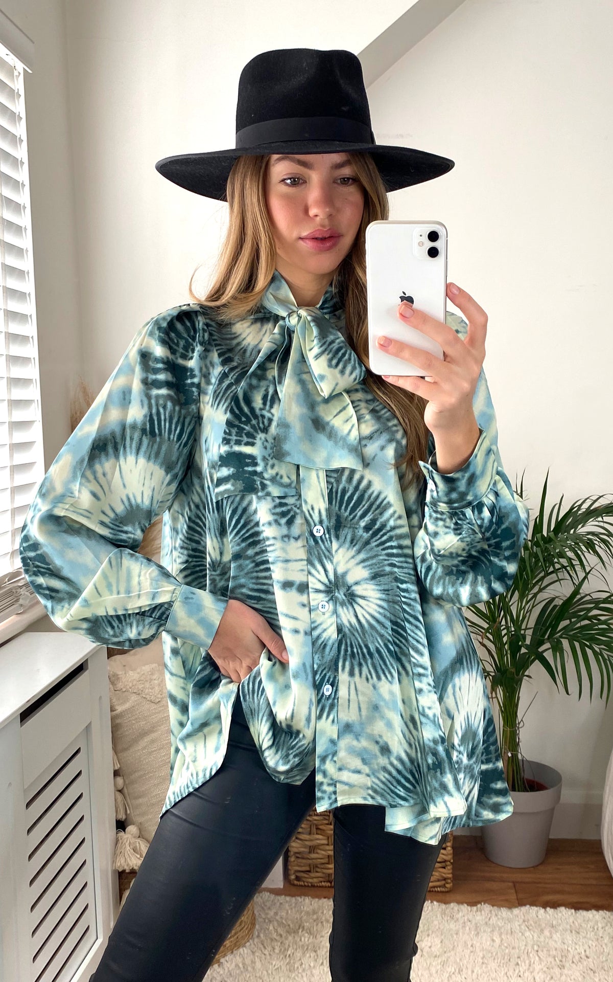 Tie Dye High Bow Neck Oversized Shirt in Green