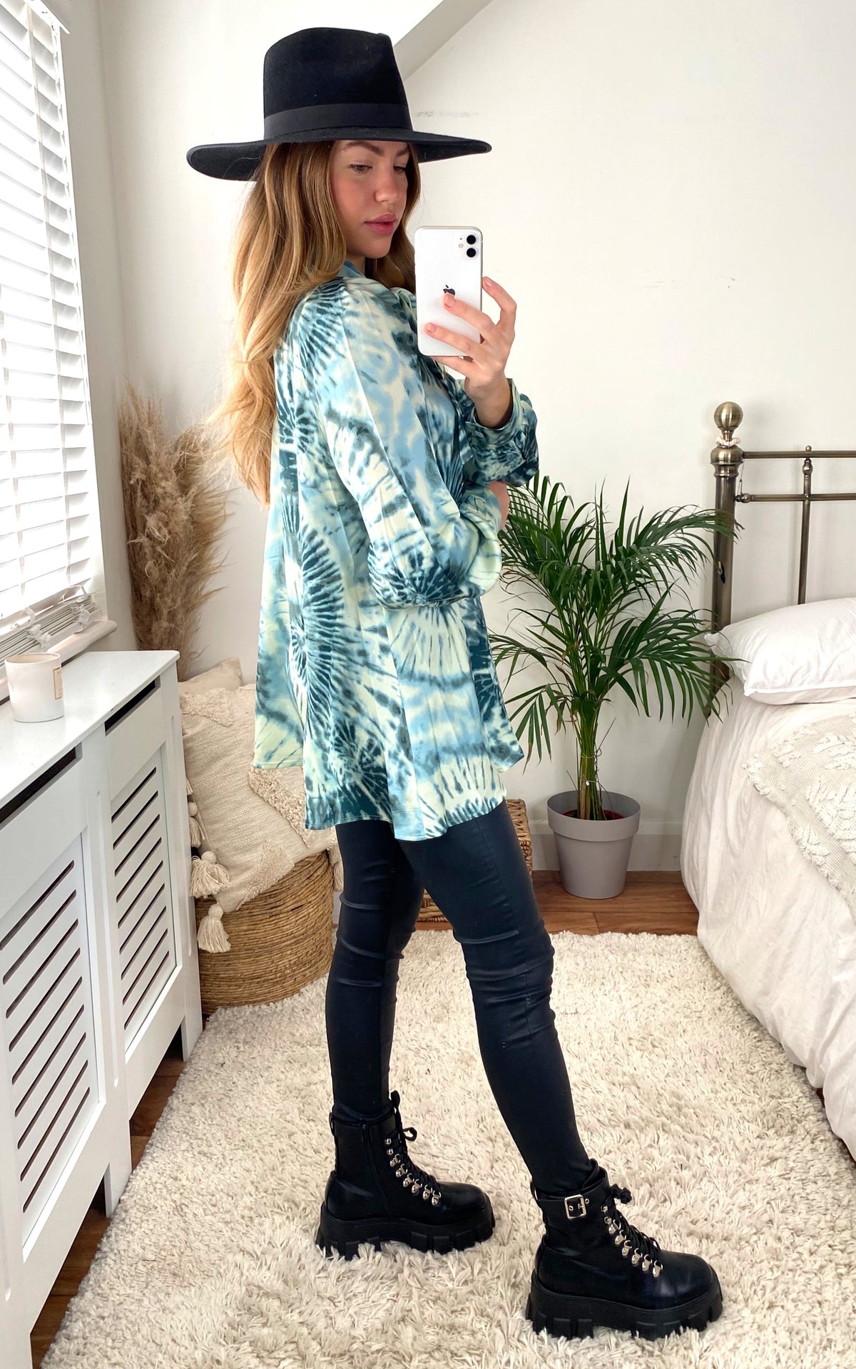 Tie Dye High Bow Neck Oversized Shirt in Green