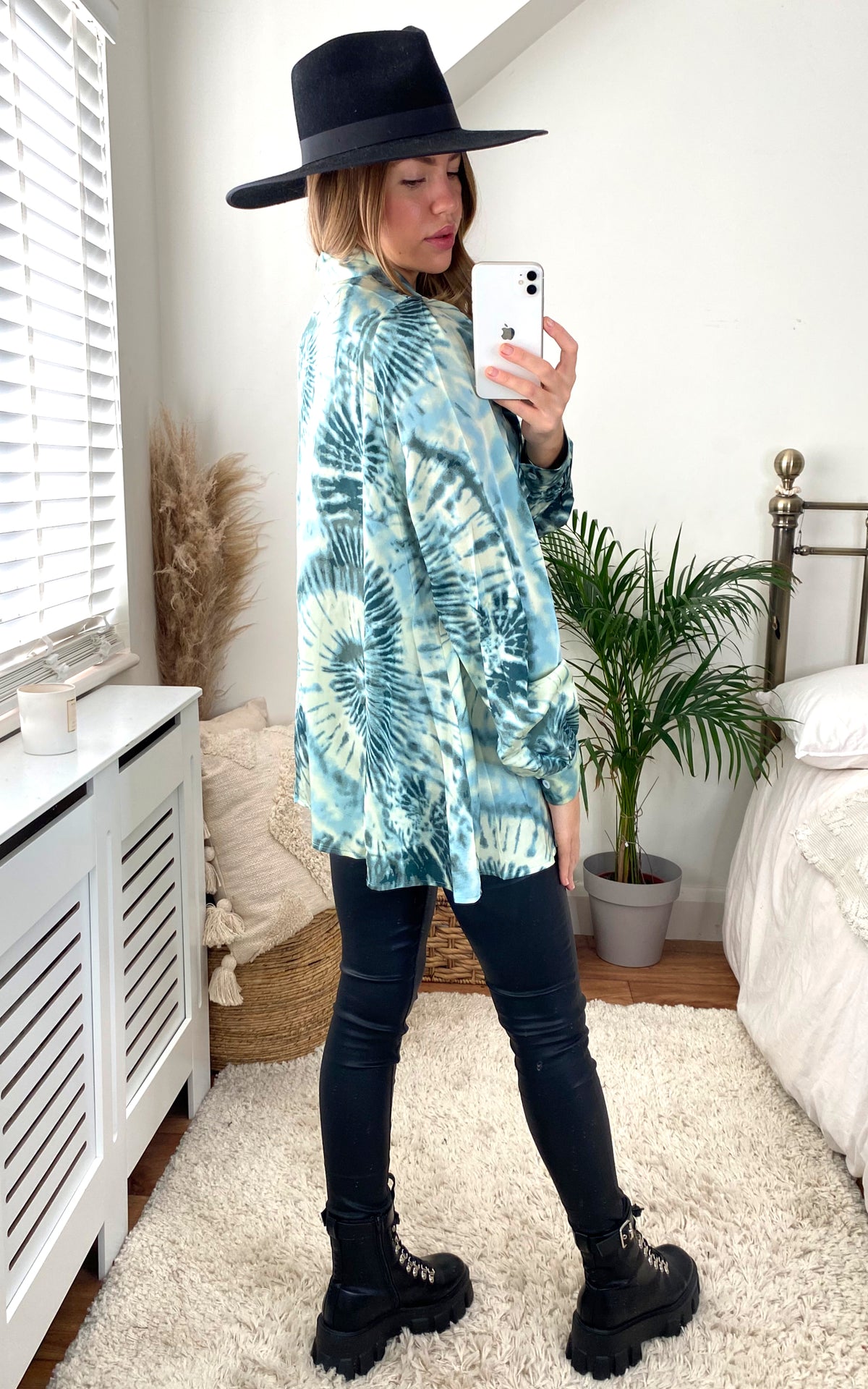 Tie Dye High Bow Neck Oversized Shirt in Green