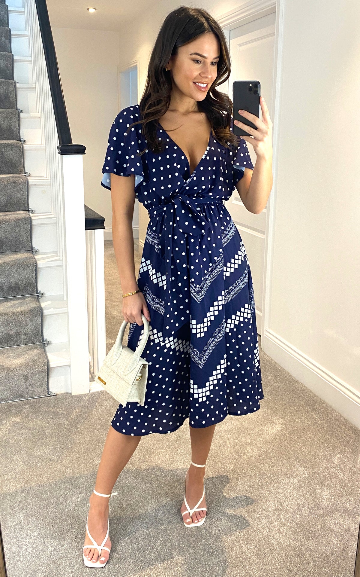 Wrap Style Flutter Sleeve Printed Midi Dress in Navy