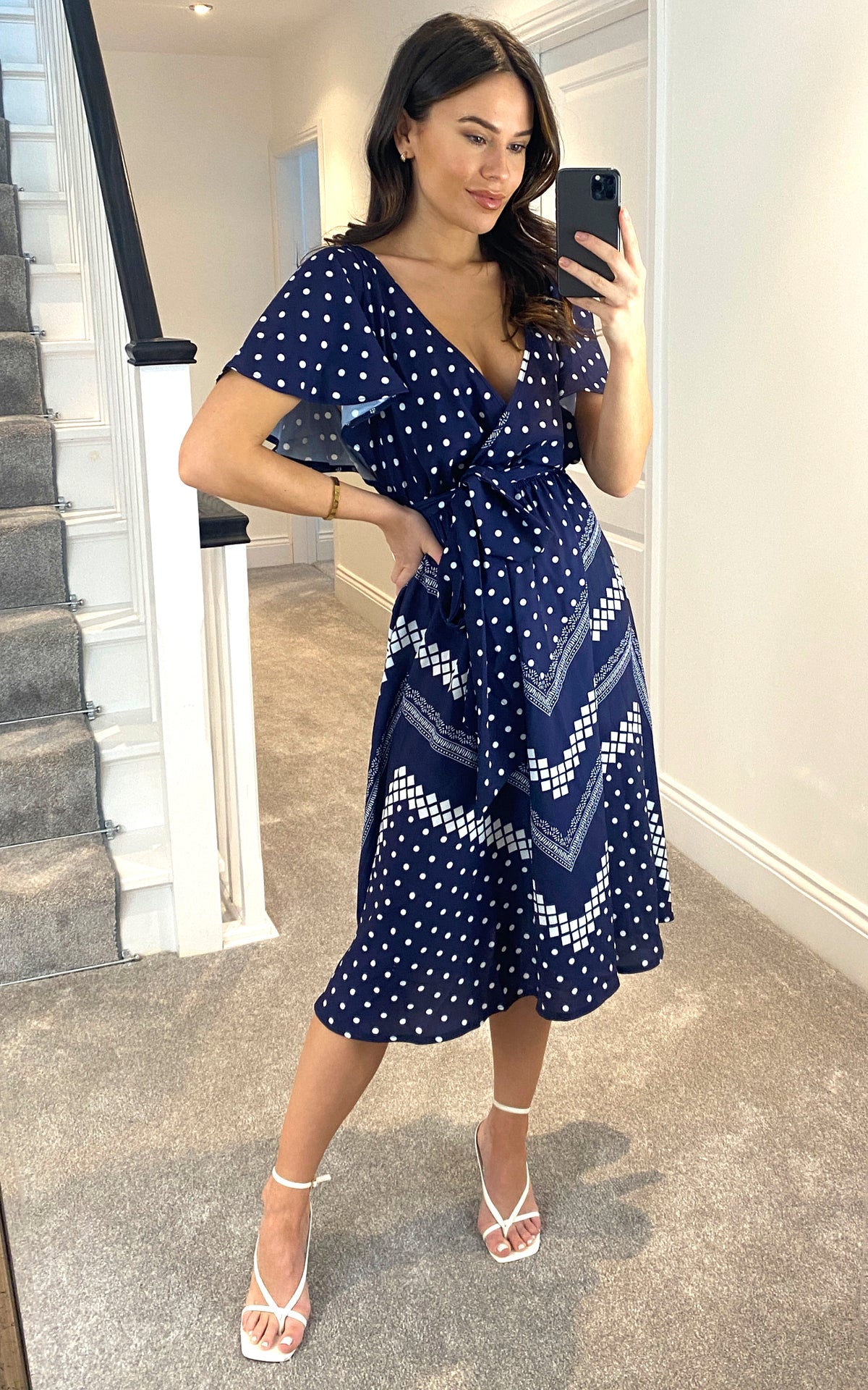 Wrap Style Flutter Sleeve Printed Midi Dress in Navy