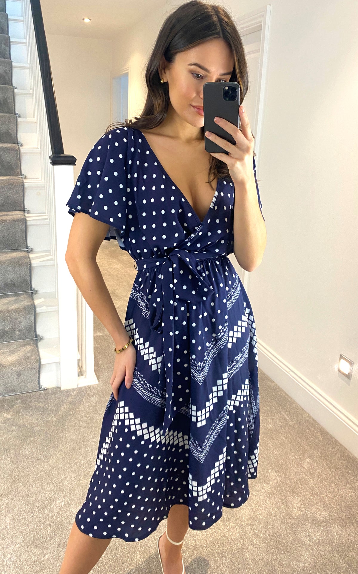 Wrap Style Flutter Sleeve Printed Midi Dress in Navy
