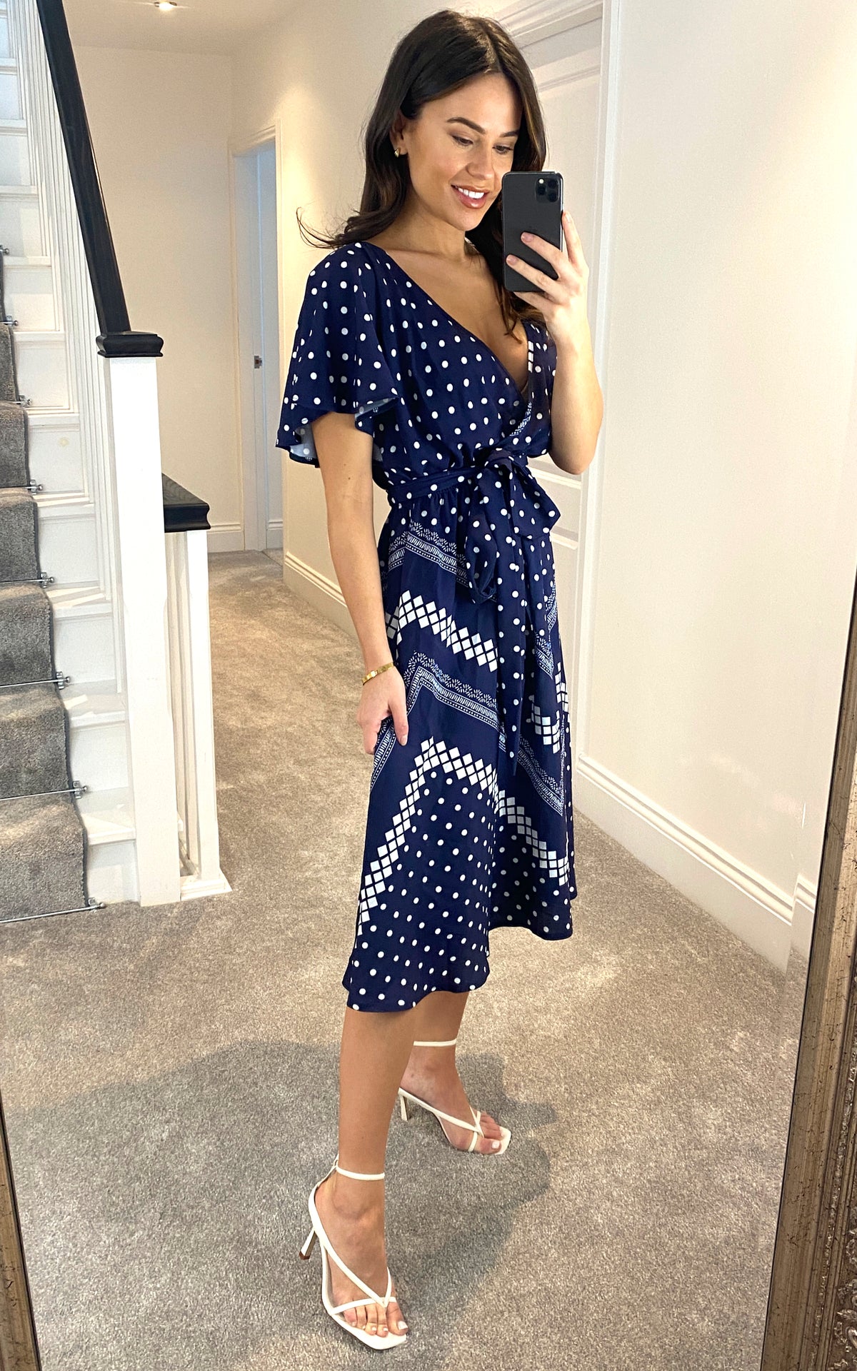Wrap Style Flutter Sleeve Printed Midi Dress in Navy
