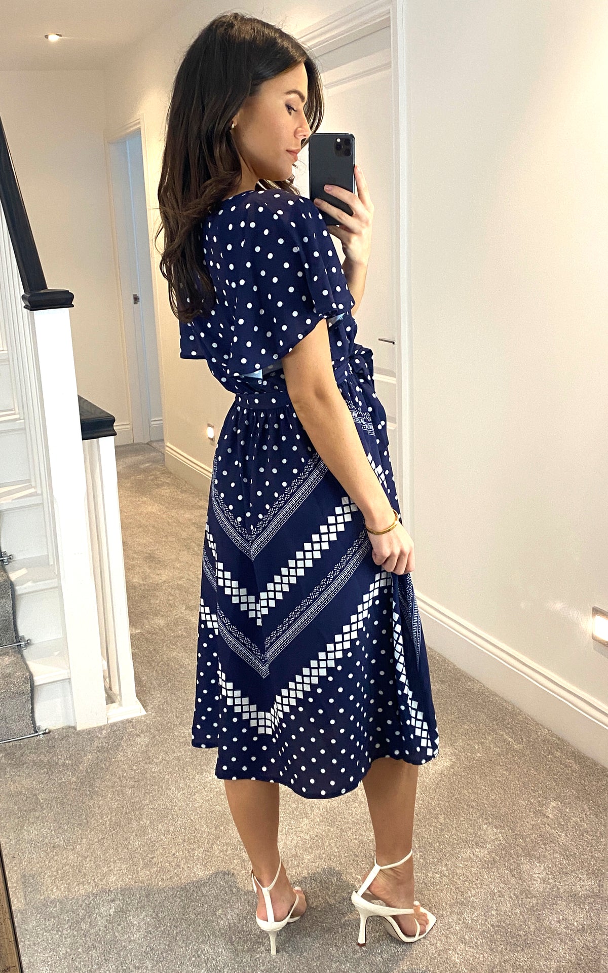Wrap Style Flutter Sleeve Printed Midi Dress in Navy