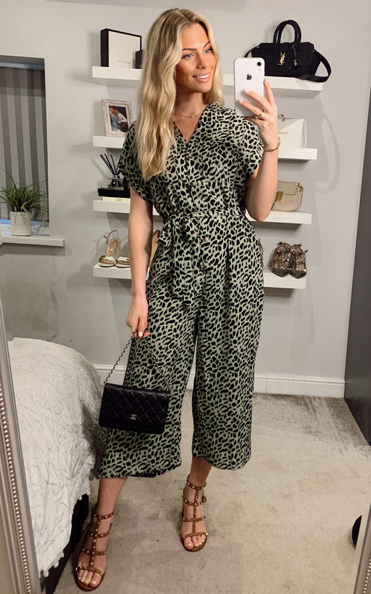 Animal Print Short Sleeve Jumpsuit In Green