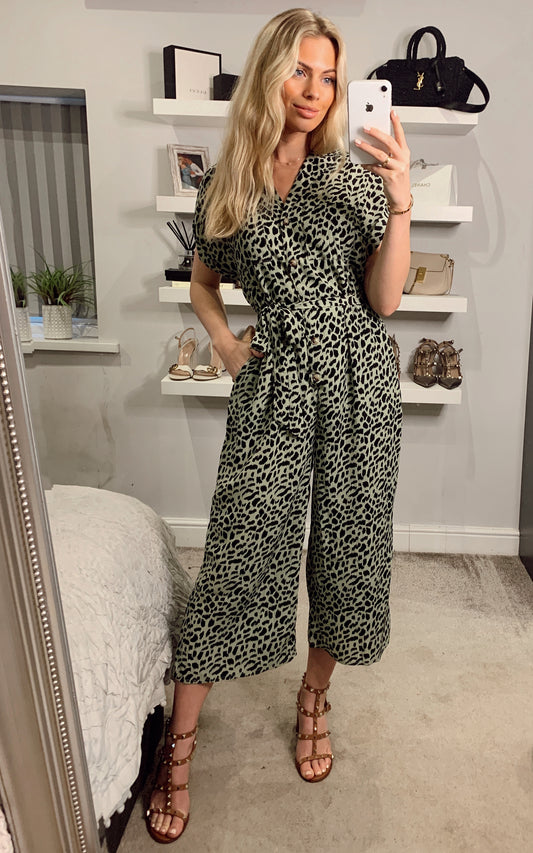 Animal Print Short Sleeve Jumpsuit In Green