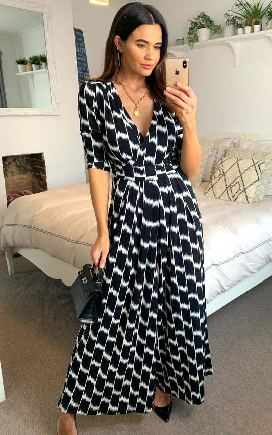 Alina Geometric Print Wrap Jumpsuit, Black/White