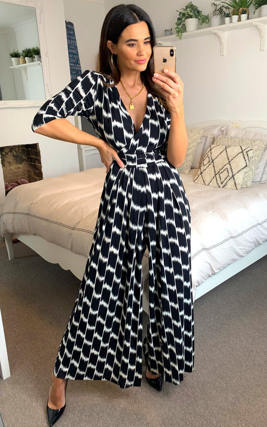 Alina Geometric Print Wrap Jumpsuit, Black/White