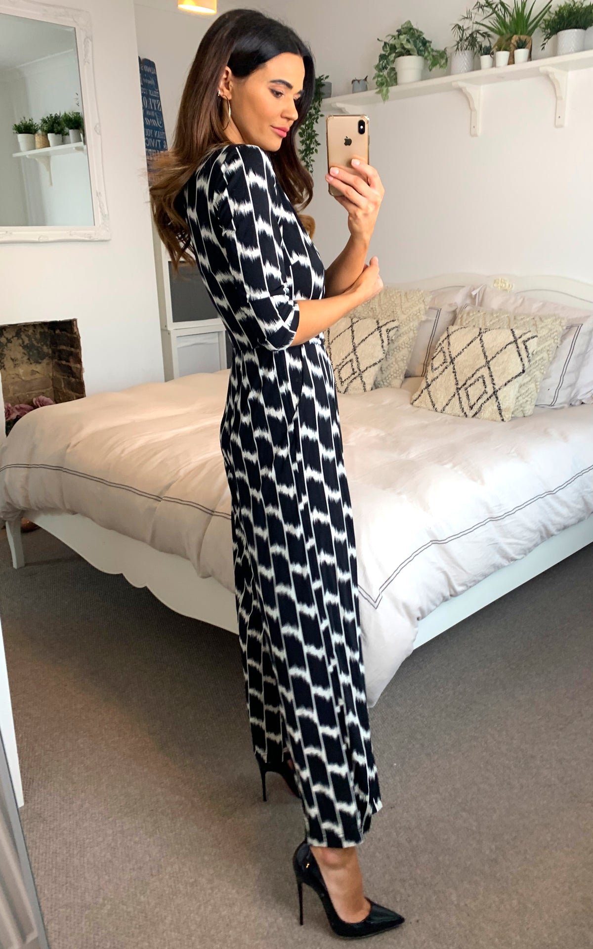 Alina Geometric Print Wrap Jumpsuit, Black/White