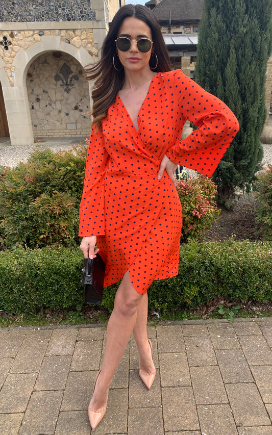 Long sleeve Polka dot Mid wrap dress in Blood Orange