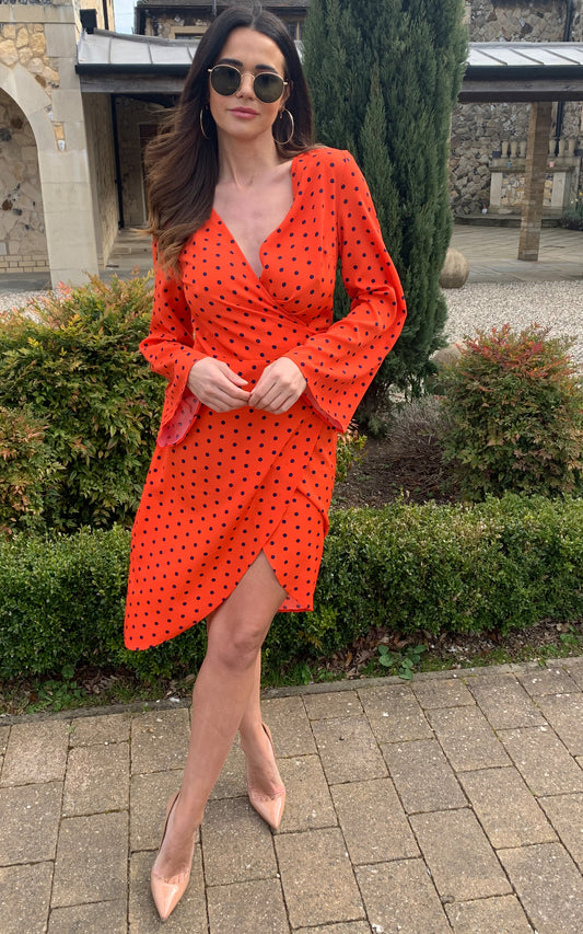 Long sleeve Polka dot Mid wrap dress in Blood Orange