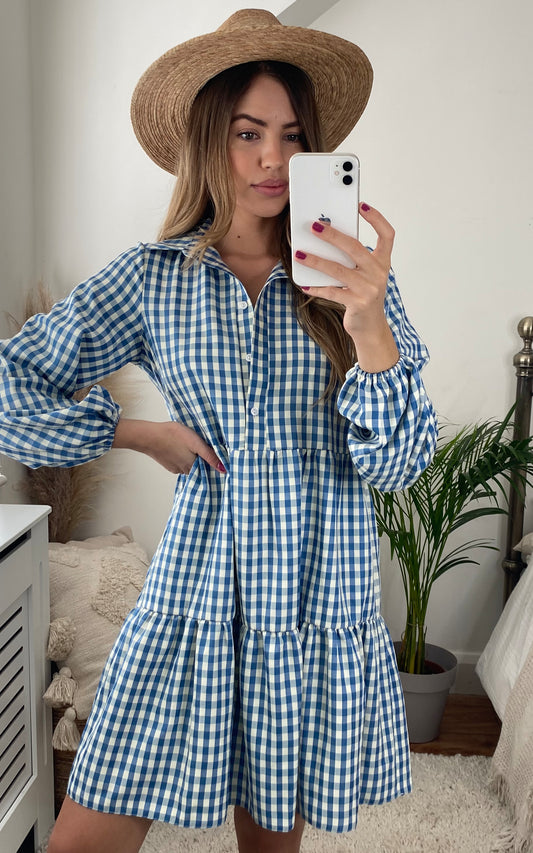 Long Sleeved Tiered Dress in Blue and White Gingham