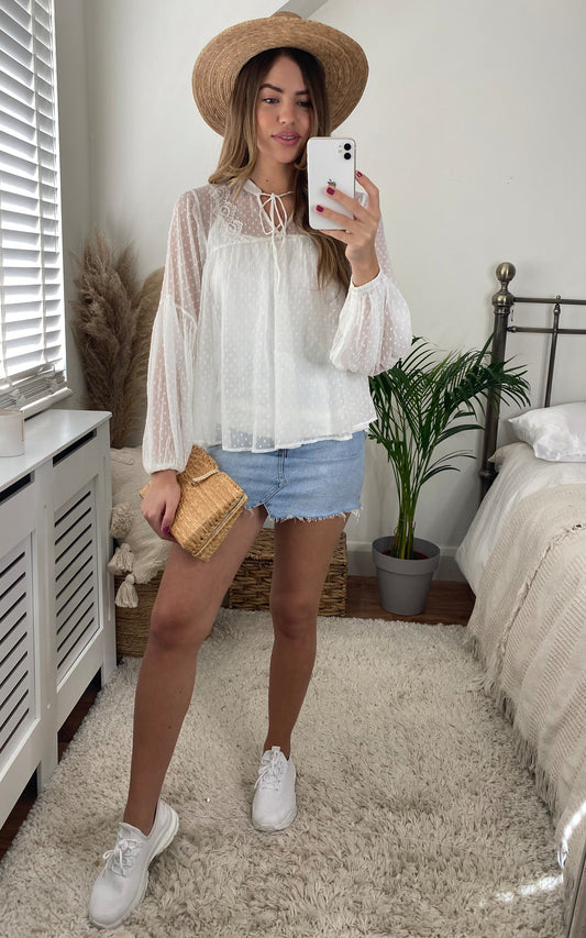 Dotted Mesh Top with tie neck in white
