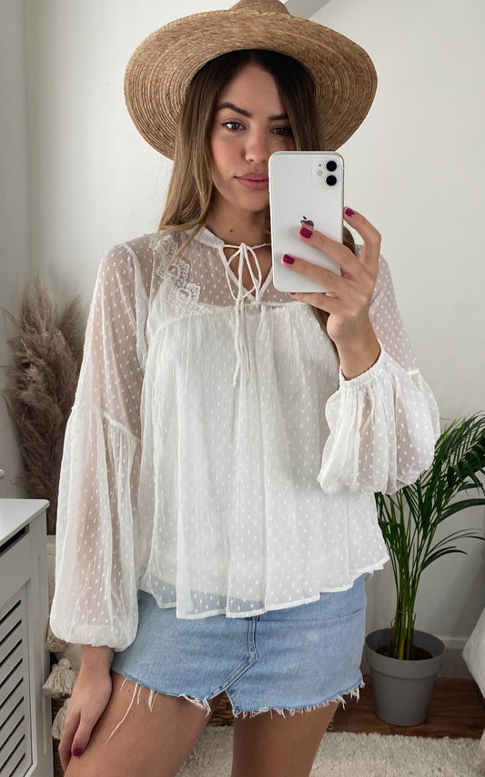 Dotted Mesh Top with tie neck in white