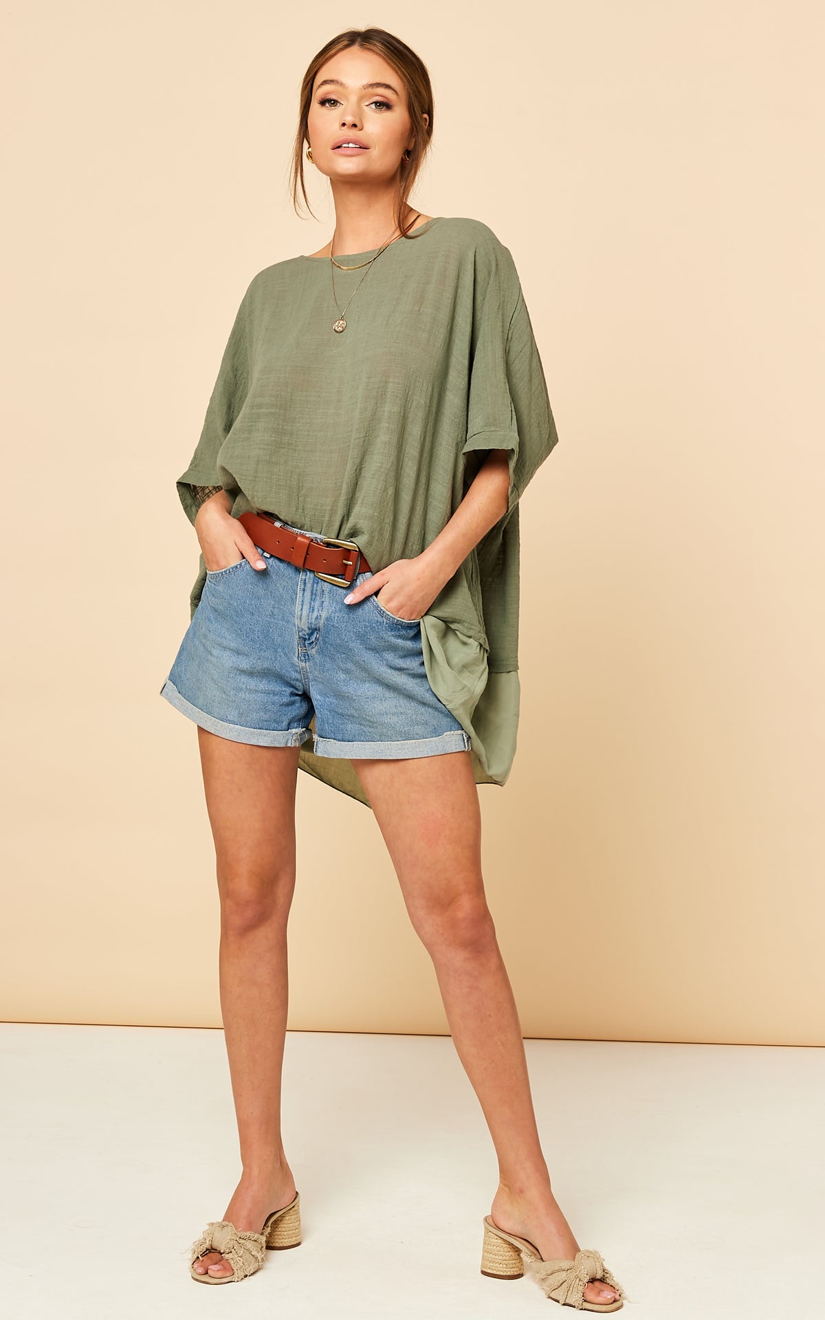 Oversized Top with Contrasting Hem in Khaki