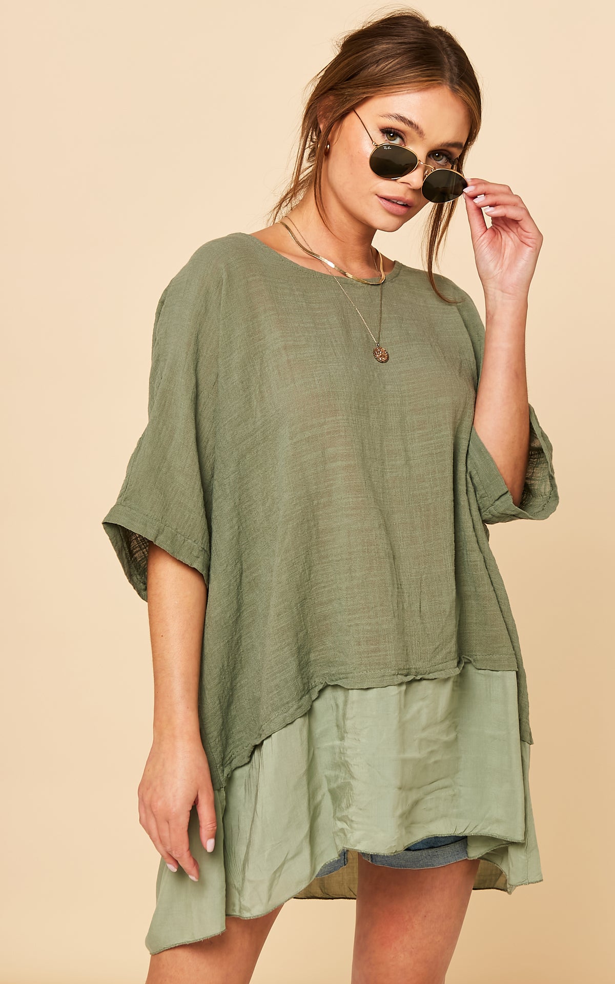 Oversized Top with Contrasting Hem in Khaki