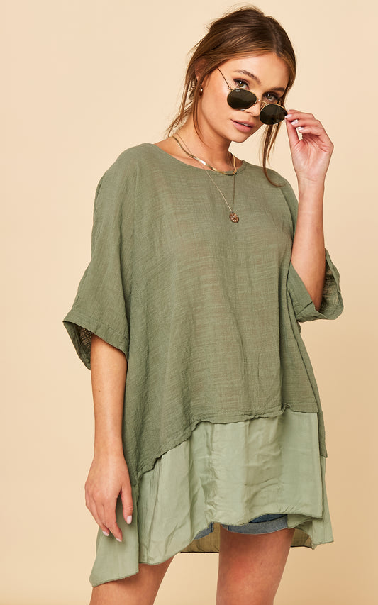 Oversized Top with Contrasting Hem in Khaki