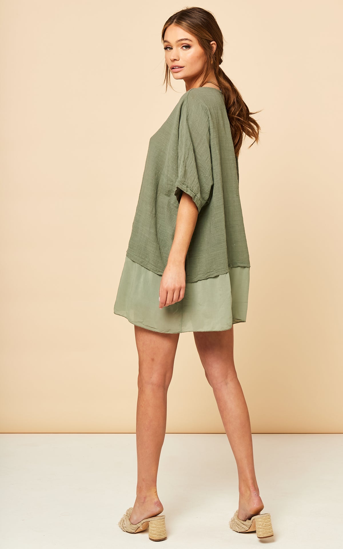 Oversized Top with Contrasting Hem in Khaki