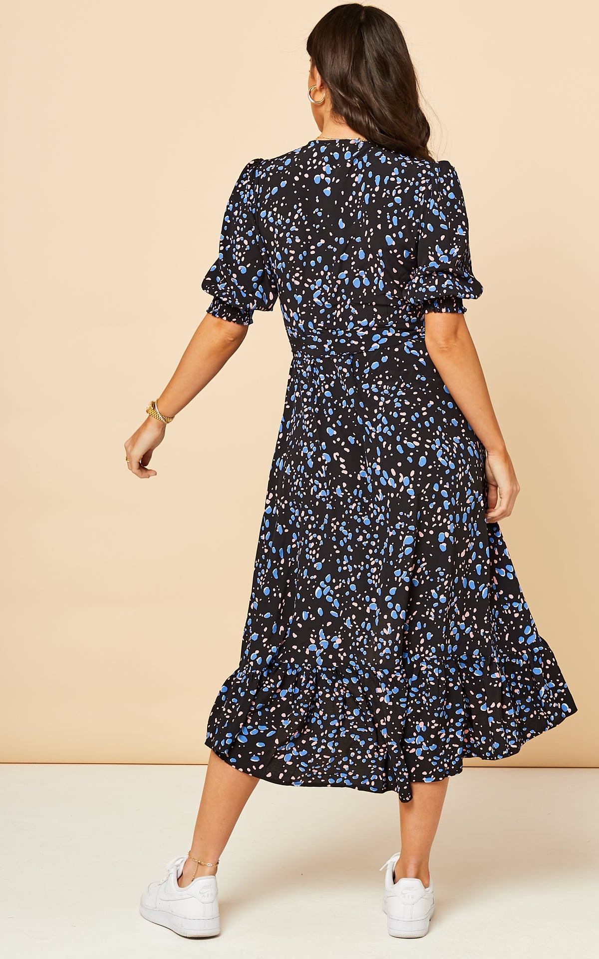 Midi Wrap Dress with Short Cuff Sleeve in Patterned Print - Black