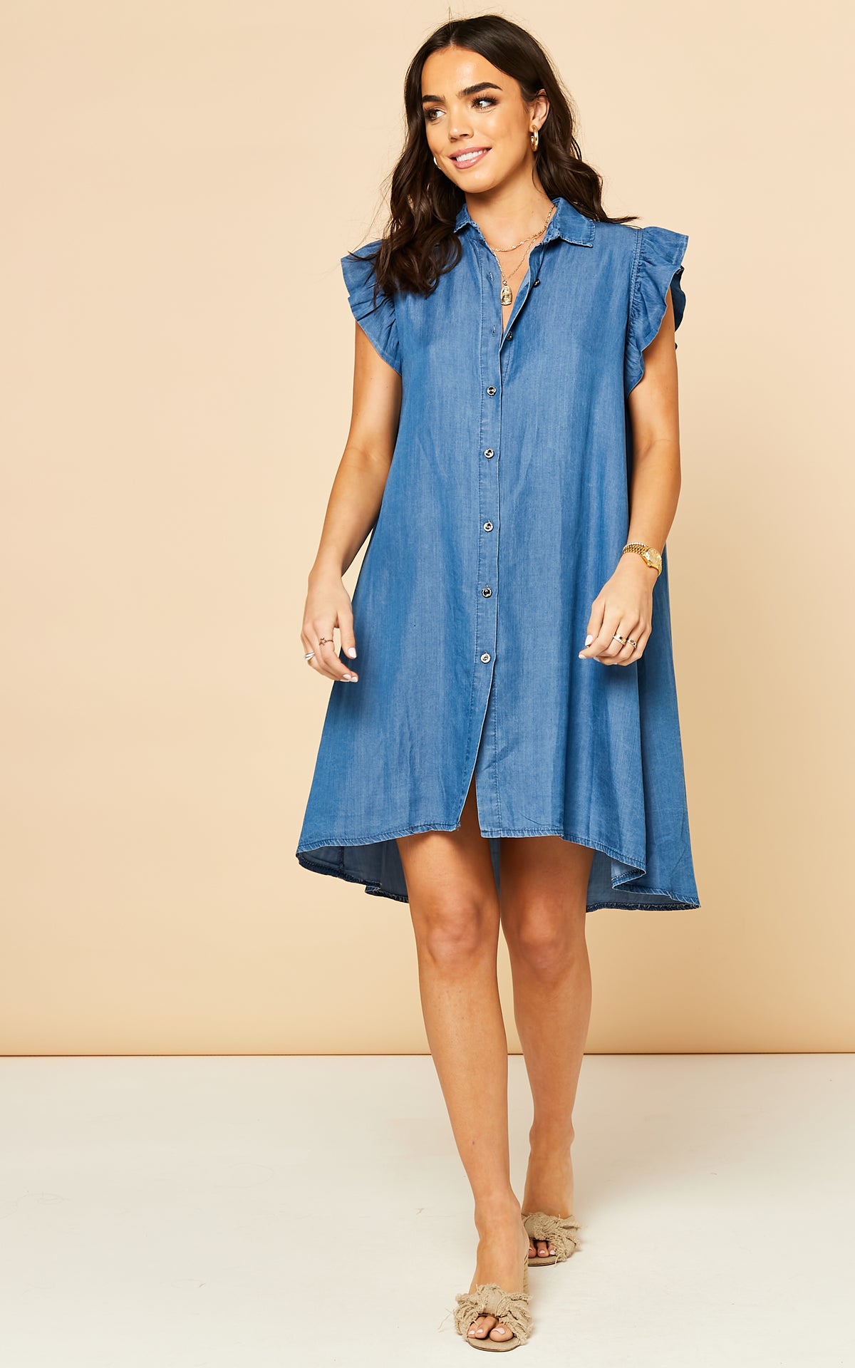 Denim Button Front Dress in Dark Blue