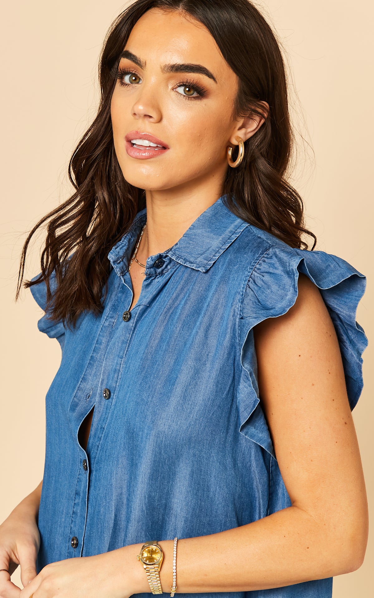 Denim Button Front Dress in Dark Blue