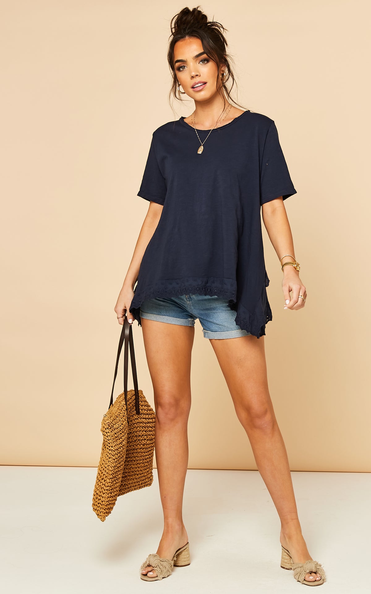 T Shirt with Broderie Hemline in Navy
