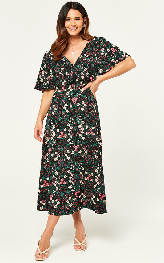 V neck floral print maxi drss with frill detail in multicoloui