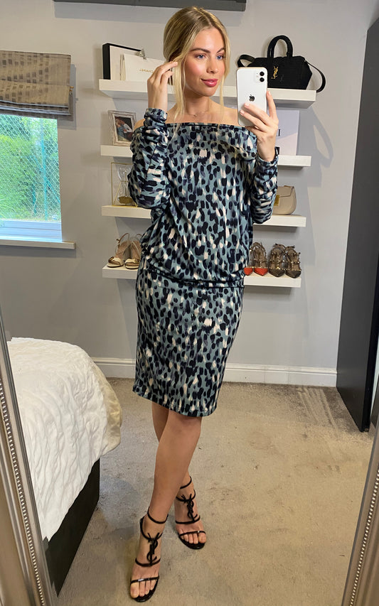 Blue leopard drape off shoulder Bardot twistdress