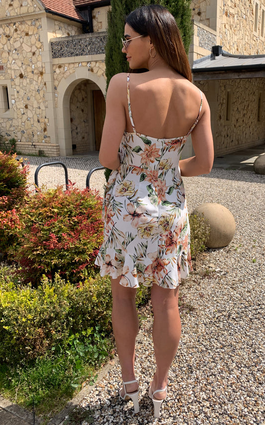 Cami floral print with frill detail mini dress in multicolour