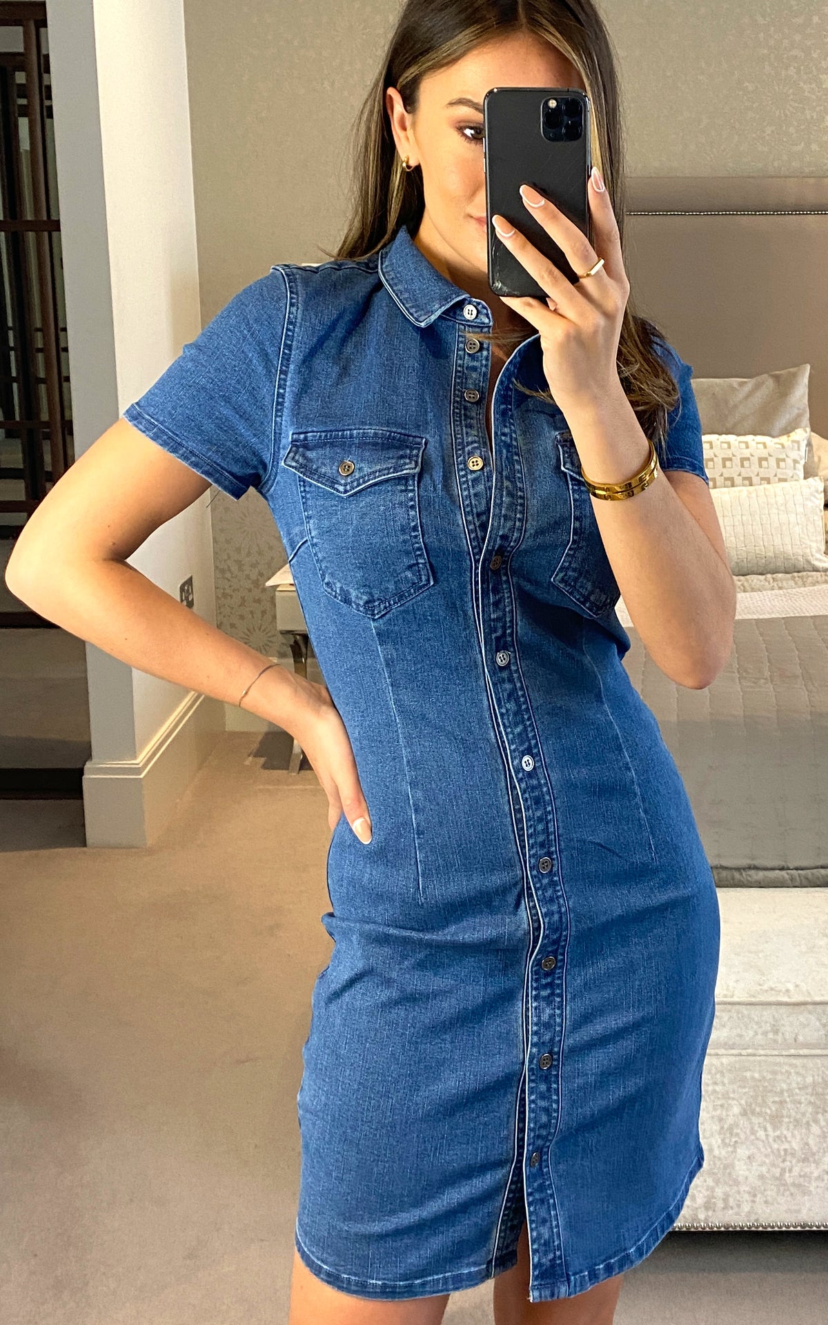 Denim Mini Shirt Dress with Short Sleeves in Medium Blue