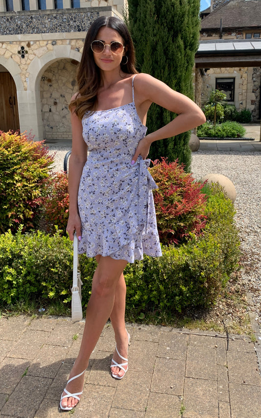Lilac cami floral print with frill detail mini dress