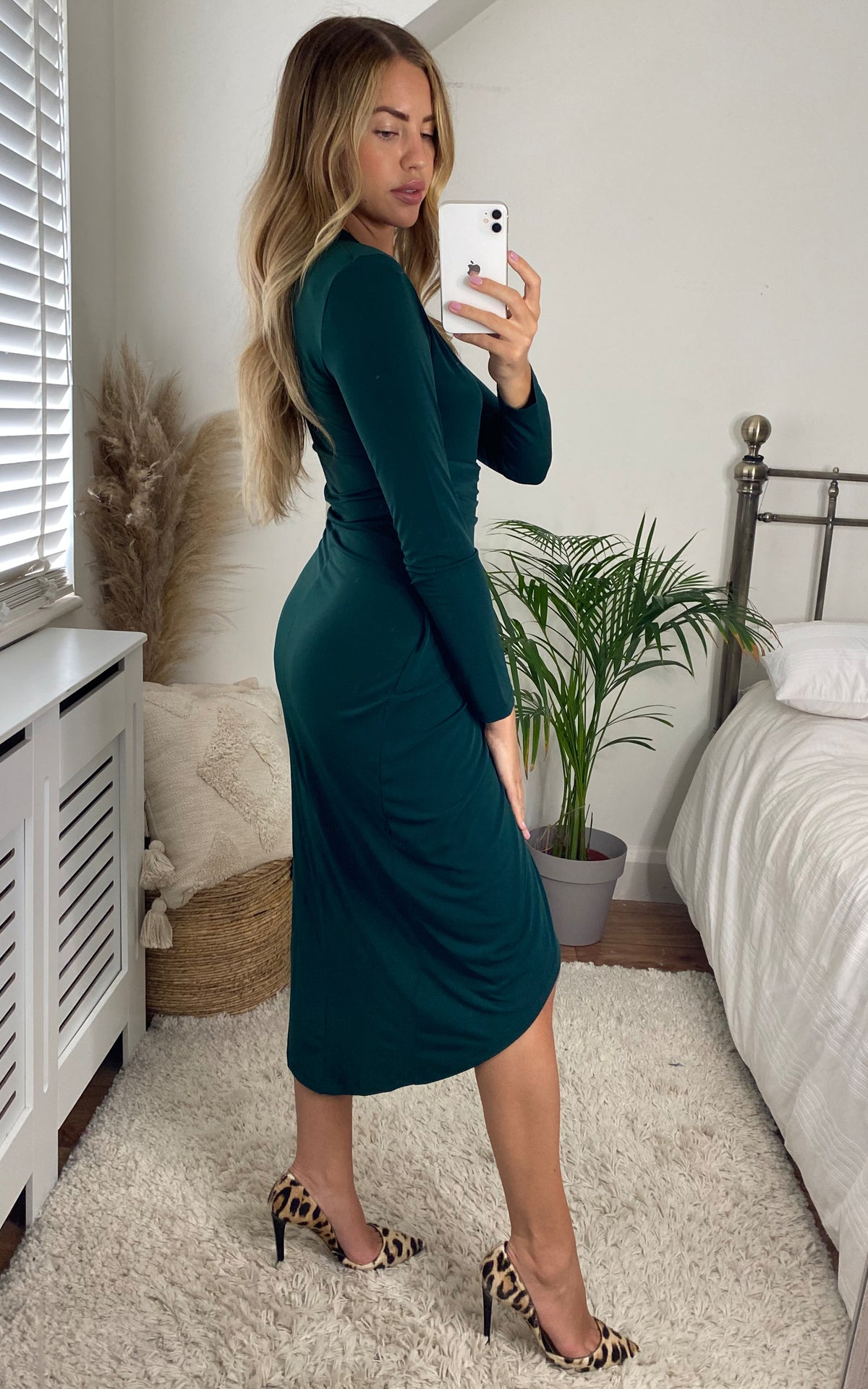 Long Sleeve Midi Wrap Style Green Dress