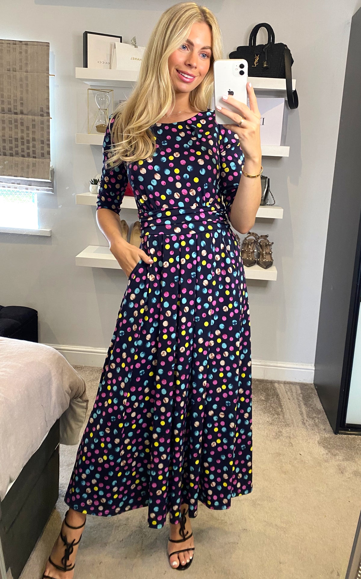 Pauline Sleeved Maxi Dress, Navy Spot